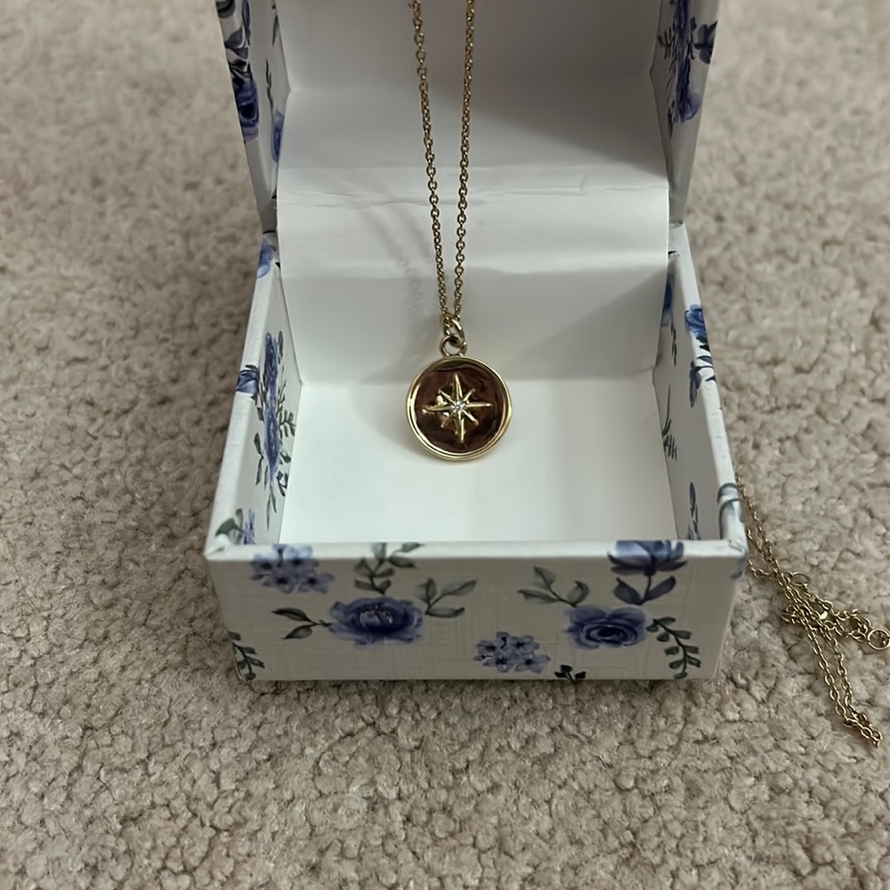 Gold tone compass necklace